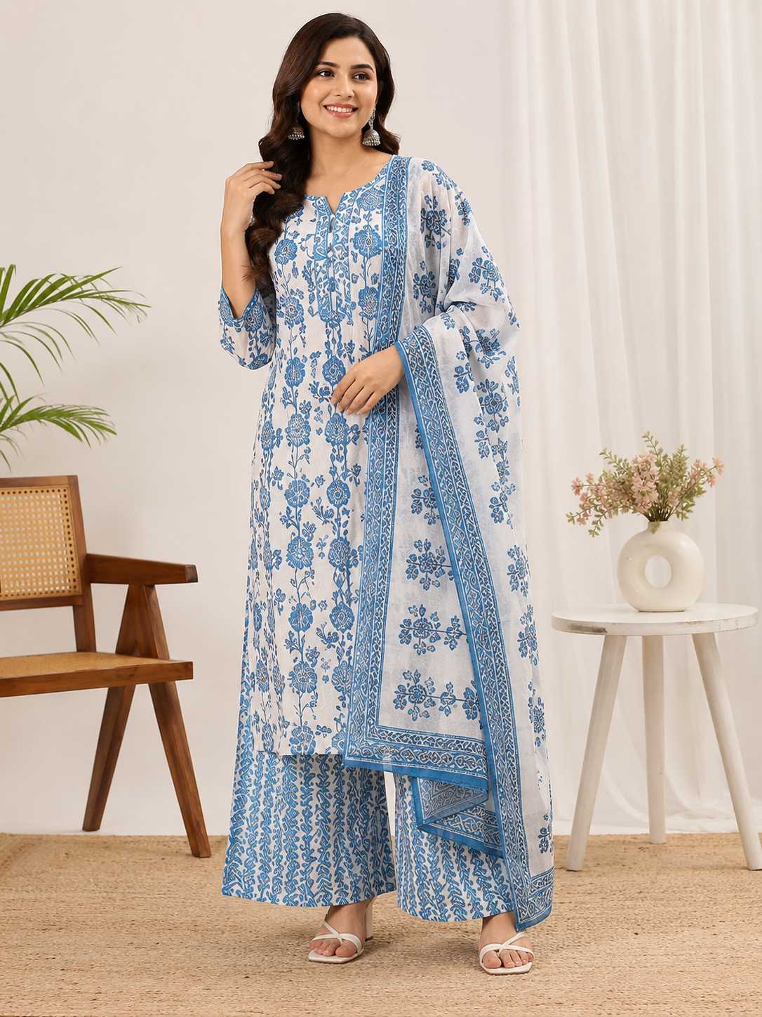 MEERA FAB Women's Pure Cotton Printed Kurta Palazzo Set with Dupatta | Ethnic Straight Kurta Set for Women | Casual & Festive Wear